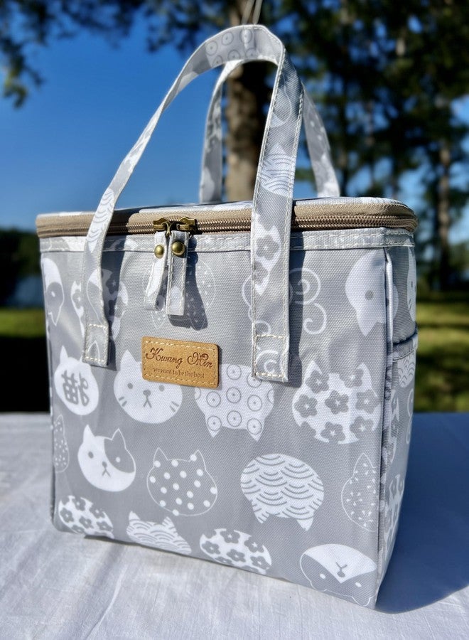 Kwang Min Insulated Lunch Bag for Women/Men, Reusable Lunch Box for Adult,Large Cooler Bag for Office Picnic Beach Tote. Premium Water Resistance Fabric, Light (Patchwork Cat) - Image 2